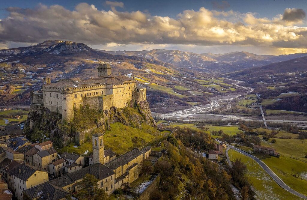 castle, mountains, river