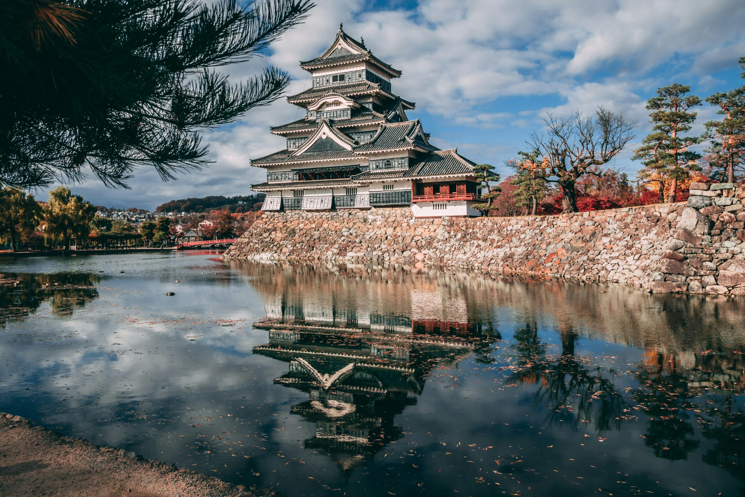 Reflection of Matsumoto Castle in Japan during autumn, surrounded by a serene lake.