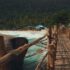 Rustic wooden pier with lush coconut trees and vibrant blue ocean waves on a tropical island beach.