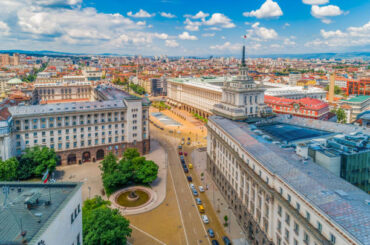 wide aerial drone shot of downtown district sofia city bulgaria