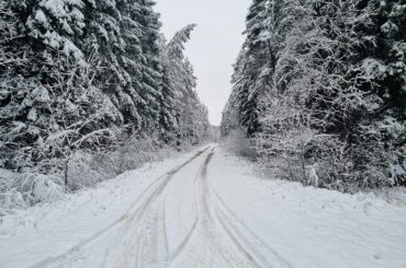 A serene winter scene of a snow-covered road through a forest in Jäärja, Estonia.