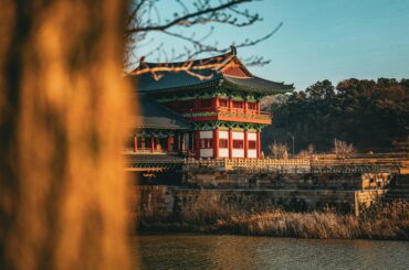 Stunning view of a traditional Korean pavilion in Gyeongju, South Korea during sunset.