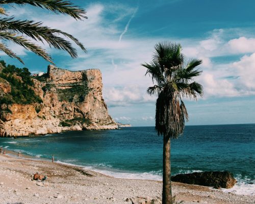 Stunning view of a secluded beach with majestic cliffs and palm trees on a sunny day.