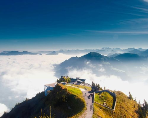 A stunning view from Stanserhorn in Switzerland, showcasing clouds, mountains, and scenic landscapes.